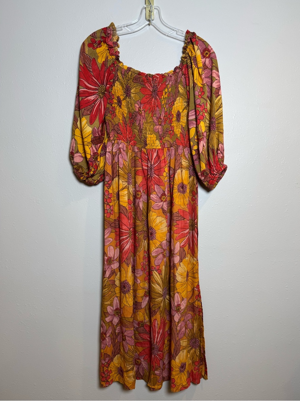 Floral Smocked Boho Midi Dress Billowy Flowy